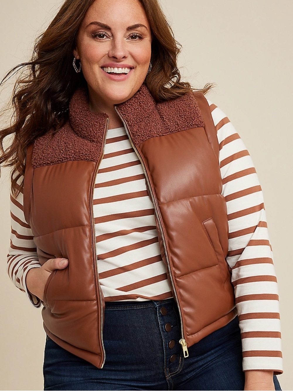Maurices Faux Leather Mixer‎ Vest Small Quilted Sherpa Collar Zip Brown NWT